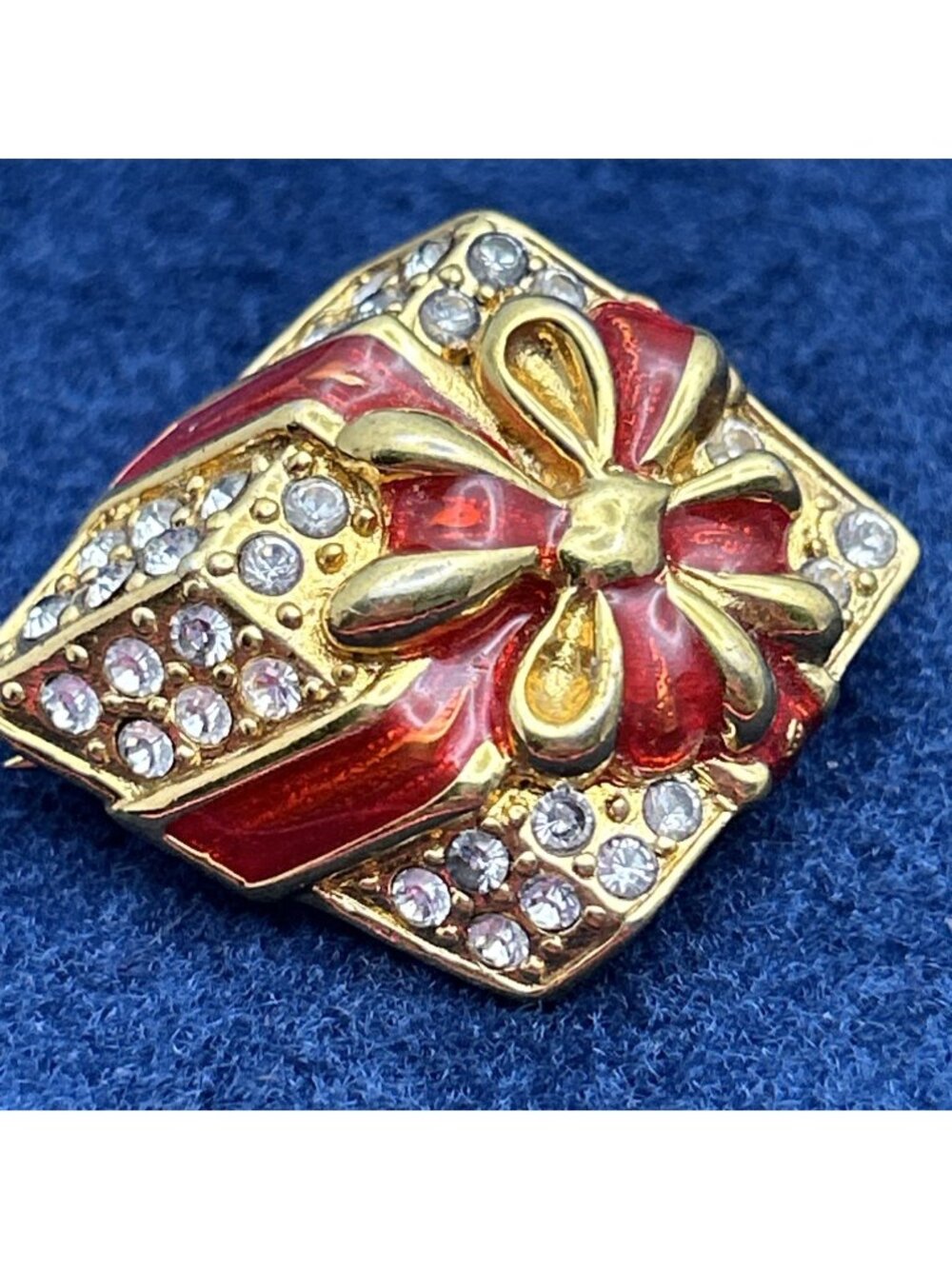 Monet Gold Tone Red Enamel Clear Rhinestones Gift Present Pin Holiday Brooch